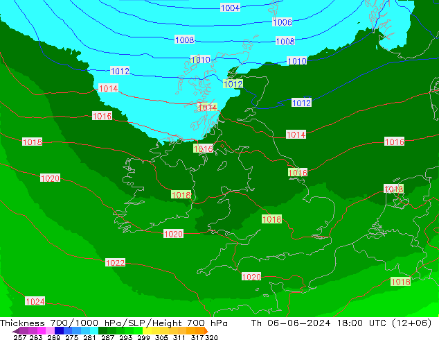 Espesor 700-1000 hPa UK-Global jue 06.06.2024 18 UTC