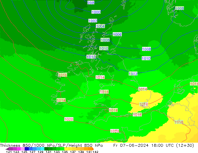 Thck 850-1000 гПа UK-Global пт 07.06.2024 18 UTC