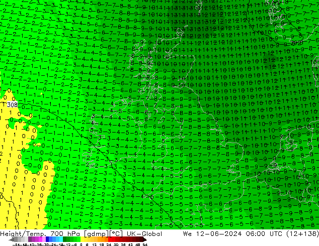 Height/Temp. 700 hPa UK-Global Mi 12.06.2024 06 UTC