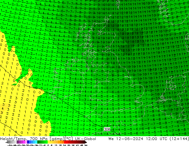 Yükseklik/Sıc. 700 hPa UK-Global Çar 12.06.2024 12 UTC