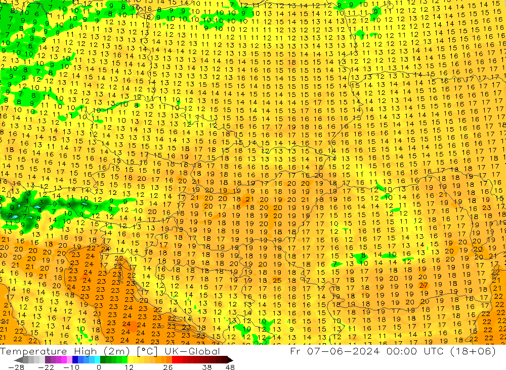 Temperature High (2m) UK-Global Fr 07.06.2024 00 UTC