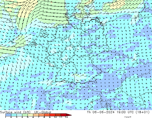 Surface wind (bft) UK-Global Čt 06.06.2024 19 UTC