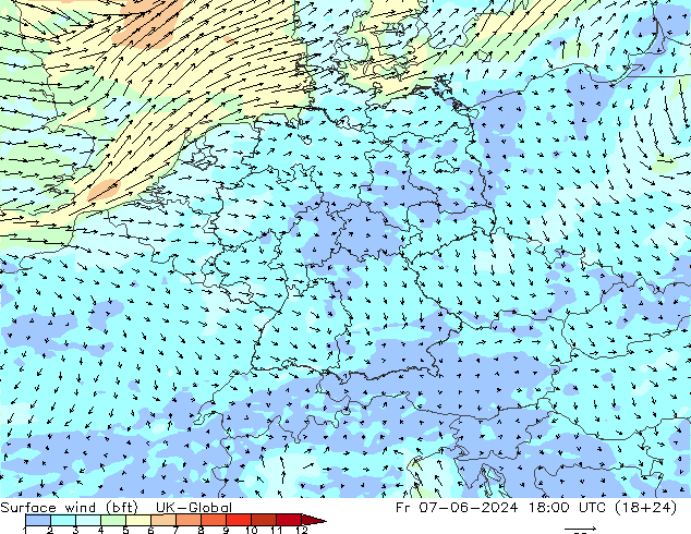 Viento 10 m (bft) UK-Global vie 07.06.2024 18 UTC