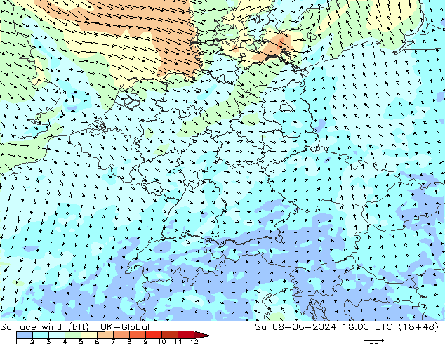 Surface wind (bft) UK-Global Sa 08.06.2024 18 UTC