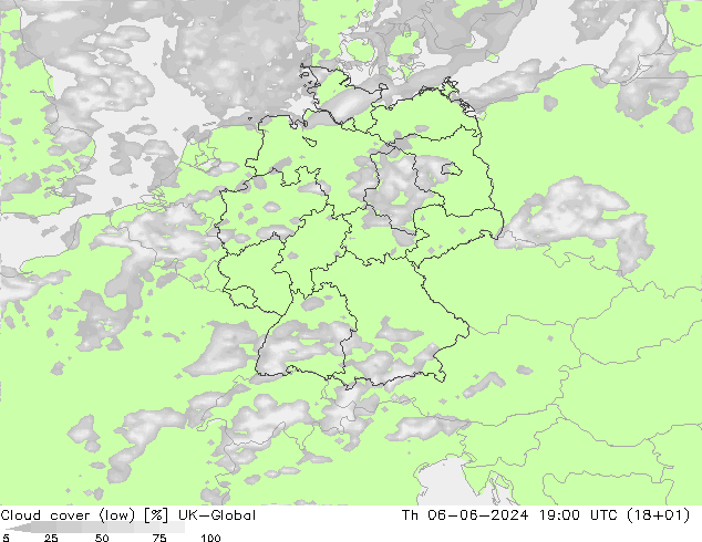 Cloud cover (low) UK-Global Th 06.06.2024 19 UTC