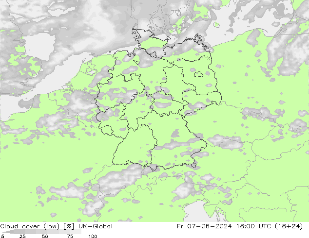 Cloud cover (low) UK-Global Fr 07.06.2024 18 UTC