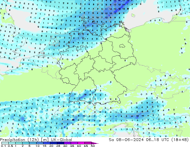 Precipitation (12h) UK-Global So 08.06.2024 18 UTC