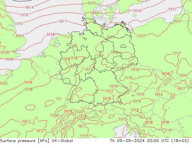 Presión superficial UK-Global jue 06.06.2024 20 UTC