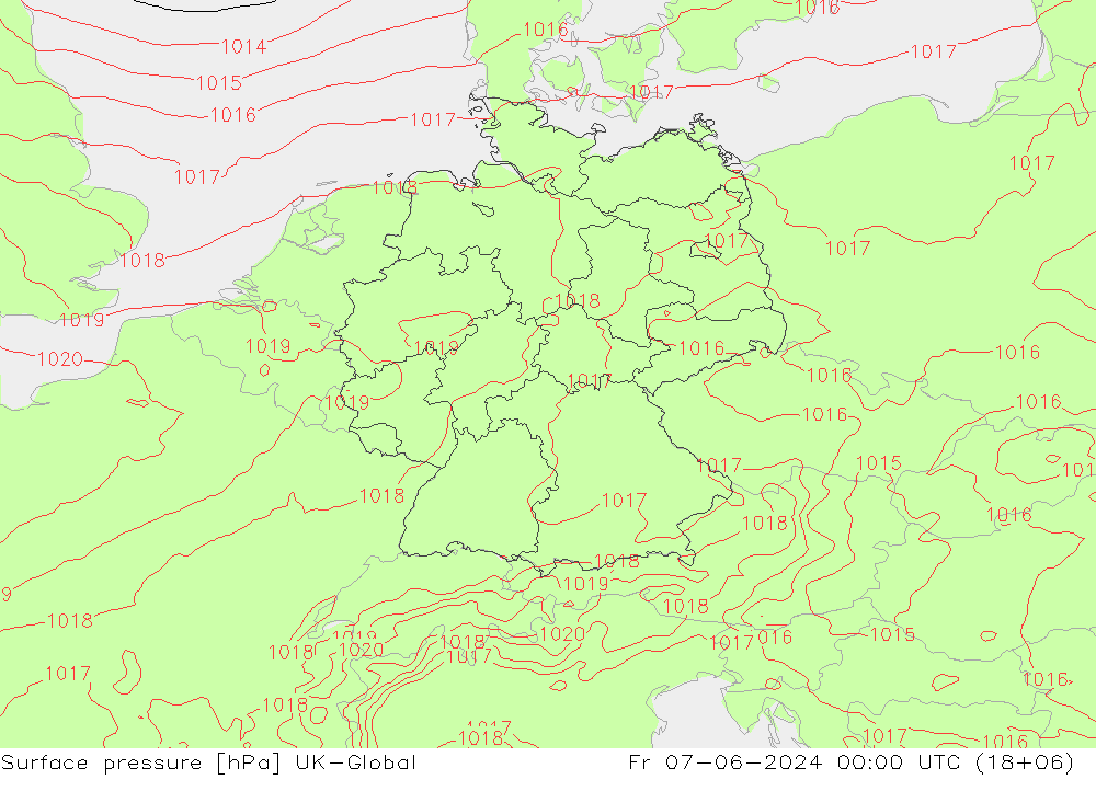 Pressione al suolo UK-Global ven 07.06.2024 00 UTC