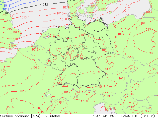 Pressione al suolo UK-Global ven 07.06.2024 12 UTC