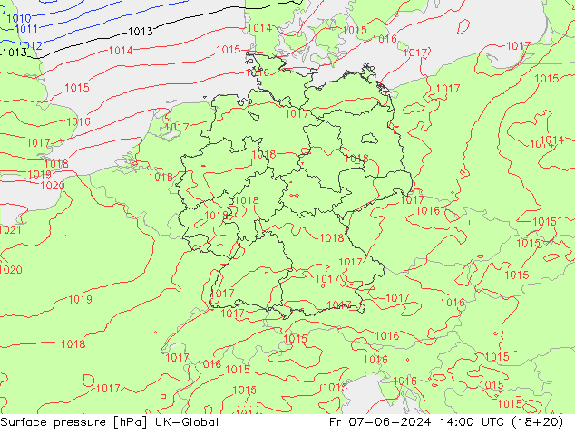 Pressione al suolo UK-Global ven 07.06.2024 14 UTC