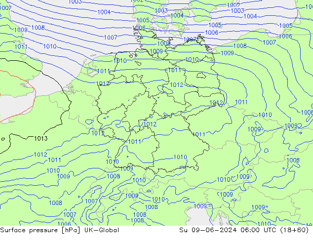 Surface pressure UK-Global Su 09.06.2024 06 UTC