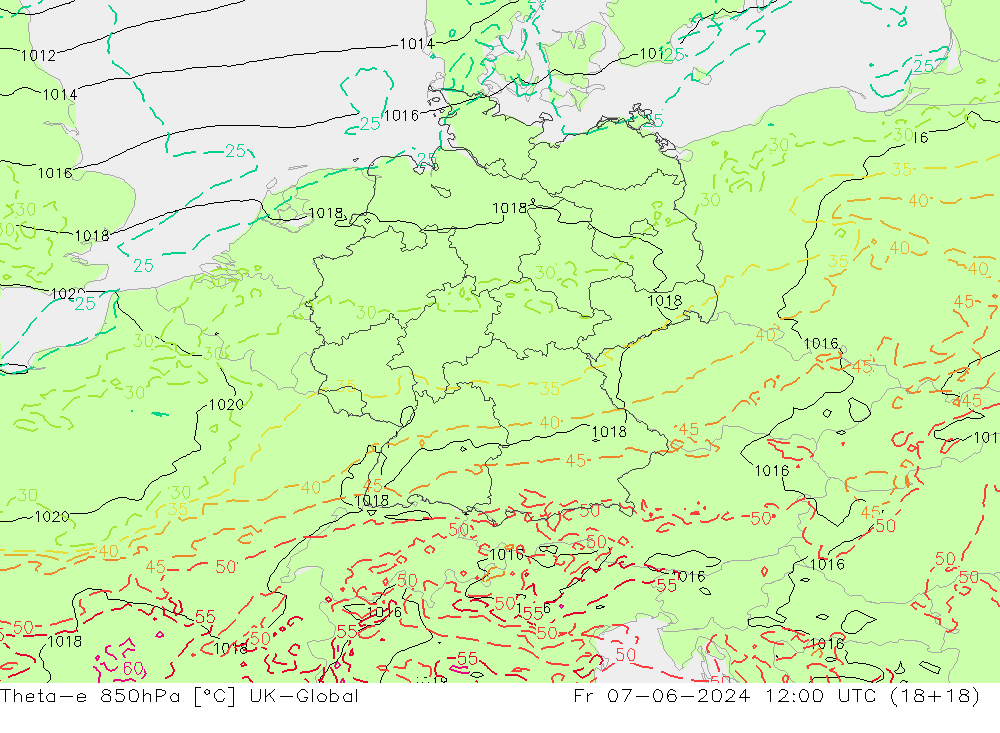 Theta-e 850hPa UK-Global Sex 07.06.2024 12 UTC