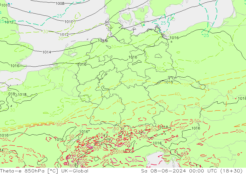 Theta-e 850hPa UK-Global Sa 08.06.2024 00 UTC