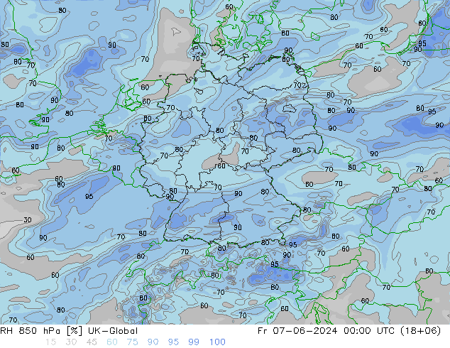 RH 850 гПа UK-Global пт 07.06.2024 00 UTC