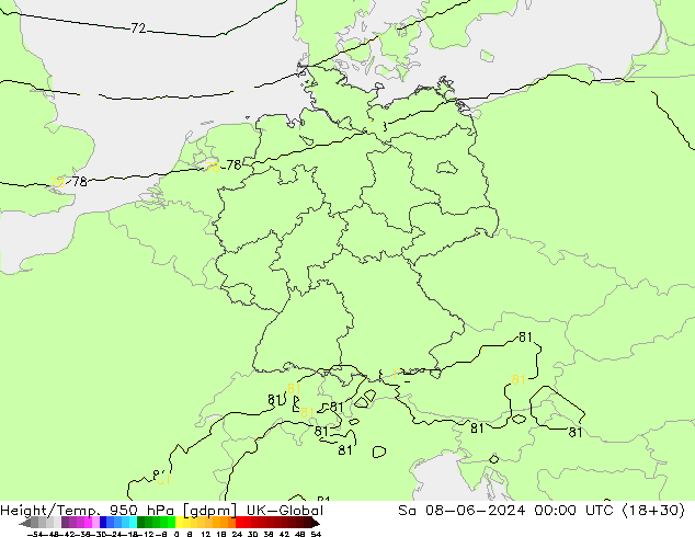 Hoogte/Temp. 950 hPa UK-Global za 08.06.2024 00 UTC