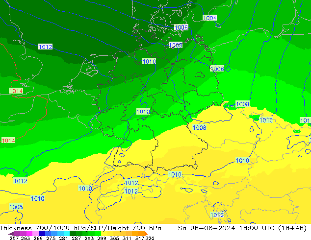 Dikte700-1000 hPa UK-Global za 08.06.2024 18 UTC