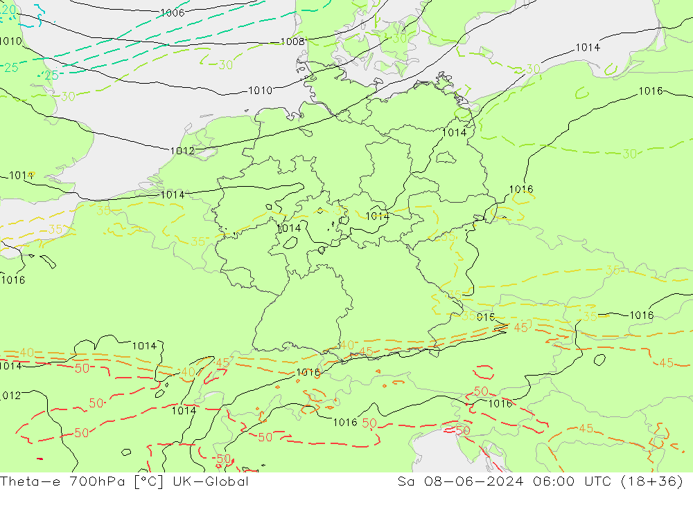 Theta-e 700hPa UK-Global so. 08.06.2024 06 UTC