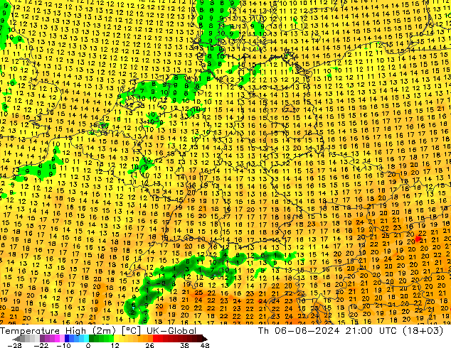 Temperature High (2m) UK-Global Th 06.06.2024 21 UTC