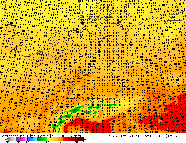 Temperature High (2m) UK-Global Fr 07.06.2024 18 UTC