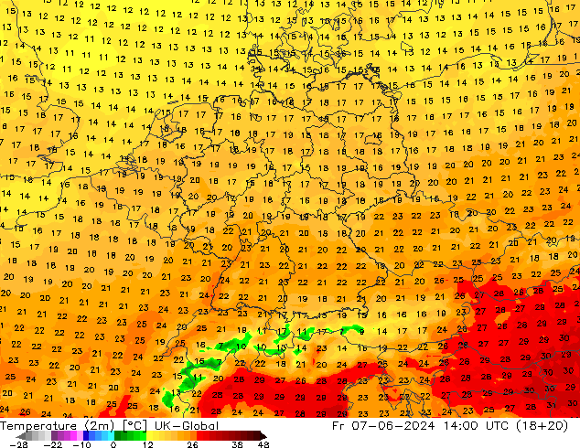 Temperatura (2m) UK-Global ven 07.06.2024 14 UTC