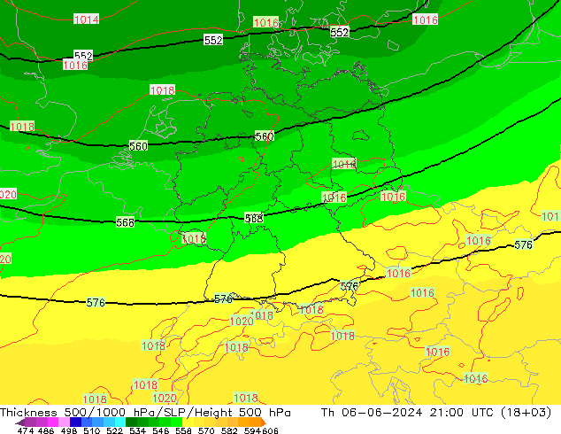 Espesor 500-1000 hPa UK-Global jue 06.06.2024 21 UTC