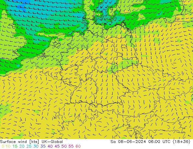 Surface wind UK-Global Sa 08.06.2024 06 UTC