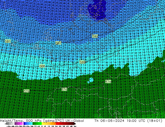 Height/Temp. 500 hPa UK-Global Th 06.06.2024 19 UTC