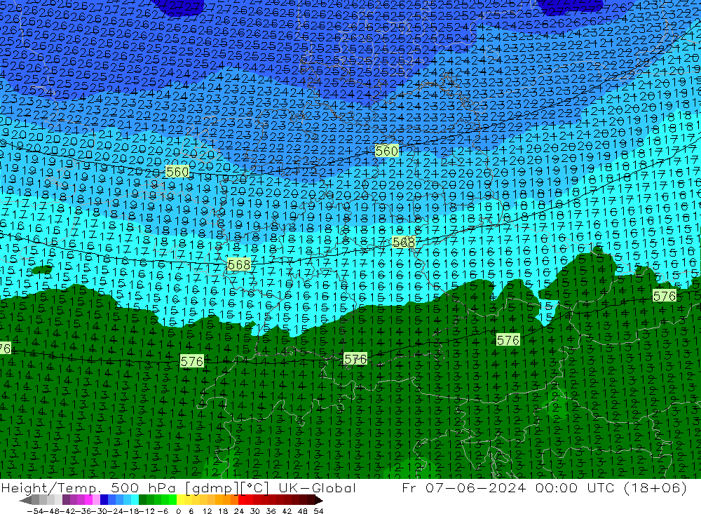 Height/Temp. 500 hPa UK-Global 星期五 07.06.2024 00 UTC