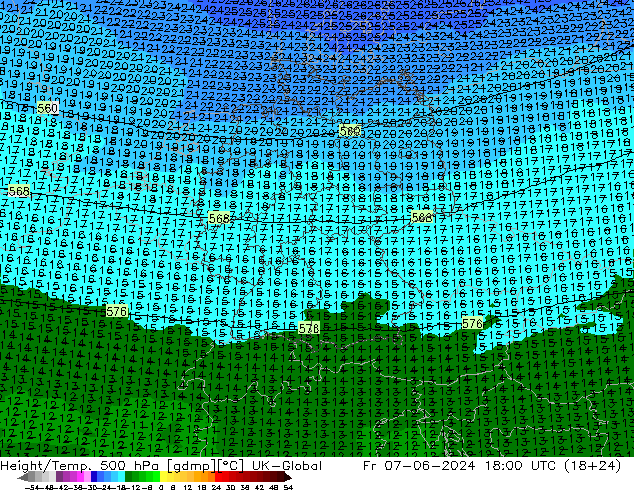 Height/Temp. 500 hPa UK-Global Fr 07.06.2024 18 UTC