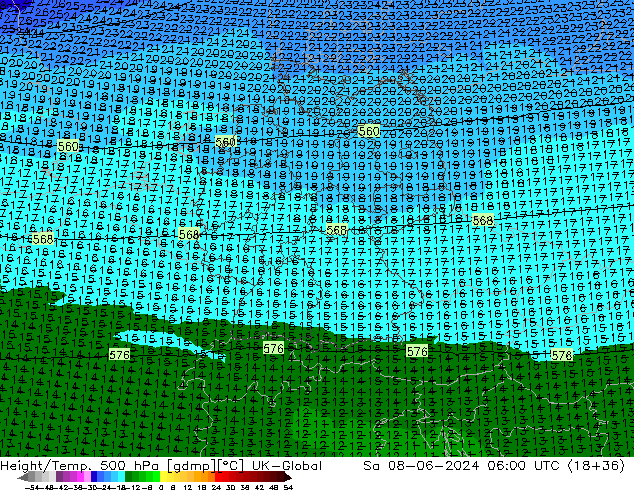 Yükseklik/Sıc. 500 hPa UK-Global Cts 08.06.2024 06 UTC