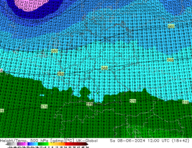 Yükseklik/Sıc. 500 hPa UK-Global Cts 08.06.2024 12 UTC