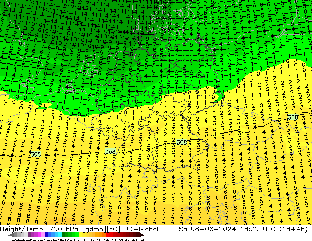 Height/Temp. 700 hPa UK-Global Sa 08.06.2024 18 UTC