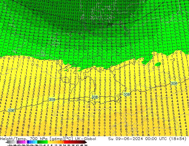 Height/Temp. 700 hPa UK-Global Ne 09.06.2024 00 UTC