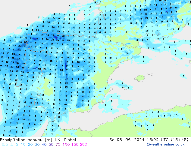 Precipitation accum. UK-Global Sáb 08.06.2024 15 UTC