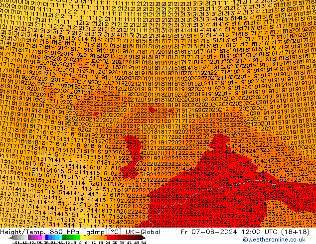 Hoogte/Temp. 850 hPa UK-Global vr 07.06.2024 12 UTC