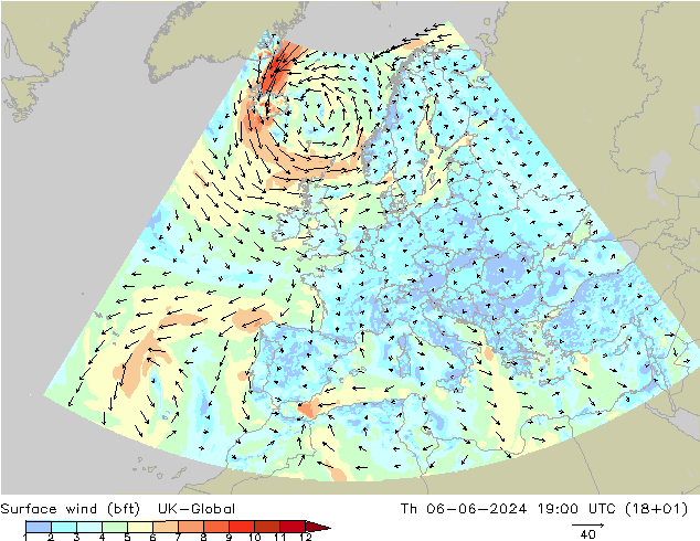 Surface wind (bft) UK-Global Th 06.06.2024 19 UTC