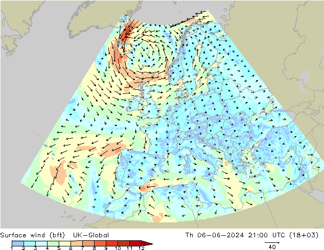 Surface wind (bft) UK-Global Th 06.06.2024 21 UTC