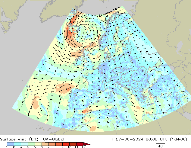 Wind 10 m (bft) UK-Global vr 07.06.2024 00 UTC