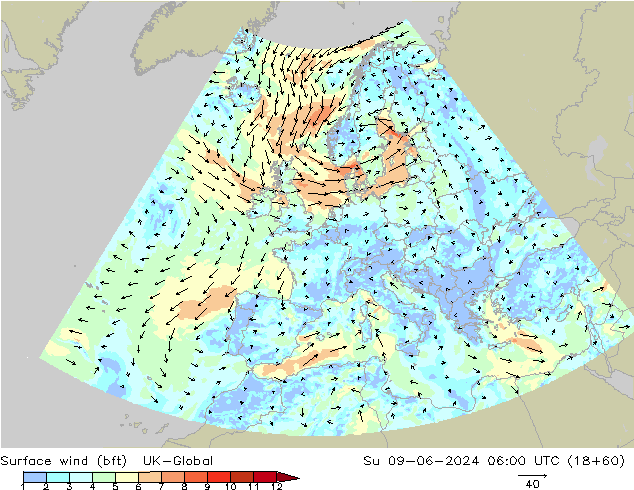 Wind 10 m (bft) UK-Global zo 09.06.2024 06 UTC