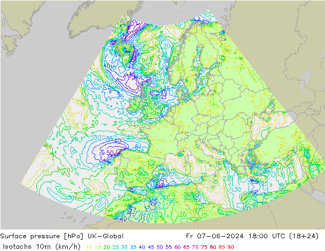 Isotachen (km/h) UK-Global Fr 07.06.2024 18 UTC