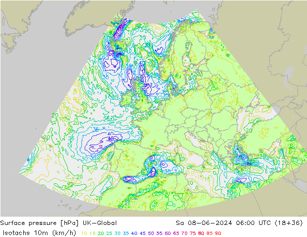 Isotachs (kph) UK-Global sab 08.06.2024 06 UTC