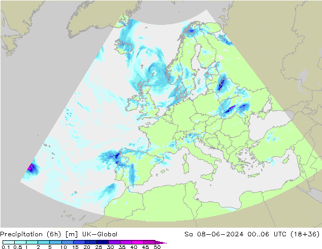 Precipitation (6h) UK-Global So 08.06.2024 06 UTC