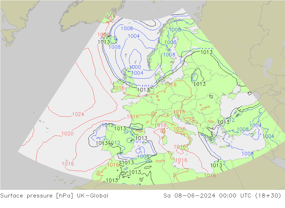 Presión superficial UK-Global sáb 08.06.2024 00 UTC