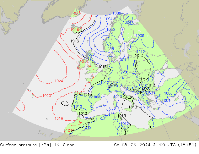 Atmosférický tlak UK-Global So 08.06.2024 21 UTC