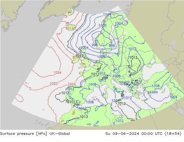 Surface pressure UK-Global Su 09.06.2024 00 UTC