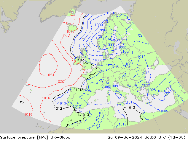 Surface pressure UK-Global Su 09.06.2024 06 UTC