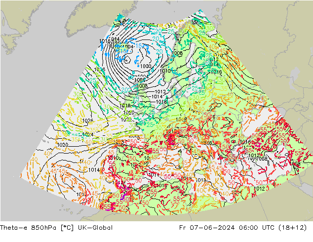 Theta-e 850hPa UK-Global ven 07.06.2024 06 UTC
