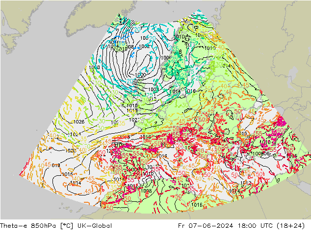 Theta-e 850hPa UK-Global Sex 07.06.2024 18 UTC