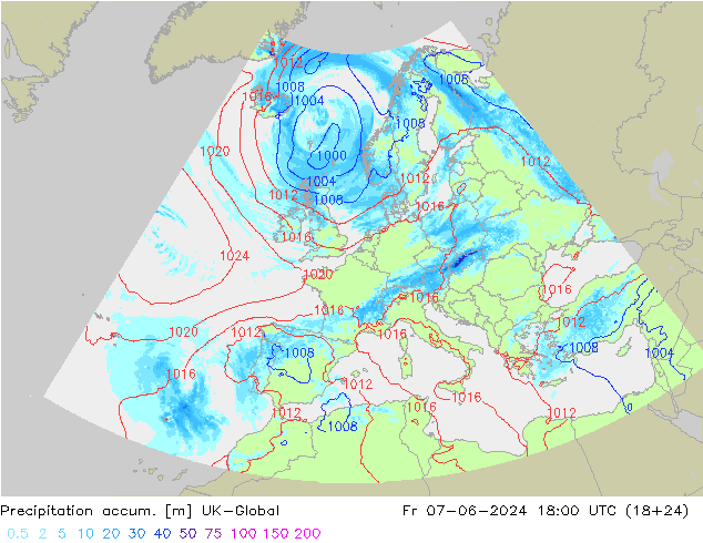 Totale neerslag UK-Global vr 07.06.2024 18 UTC